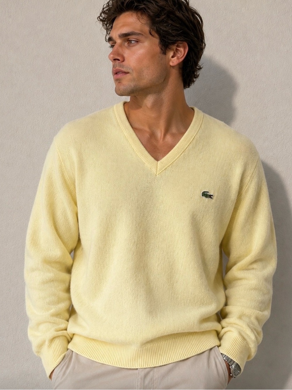 Vintage Lacoste Izod Men's V-Neck Sweater in Pale Yellow